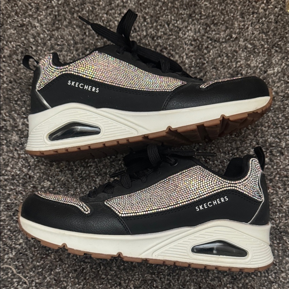 Skechers Women's Black and Irredescent Rhinestone Sneakers